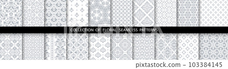 Geometric floral set of seamless patterns. White and gray vector backgrounds. Damask graphic ornaments Geometric floral set of seamless patterns. White and gray vector backgrounds. Damask graphic ornaments 103384145