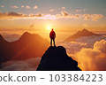 Man standing on a top of the mountain peak above the clouds at night. Feeling free. Generative AI 103384223