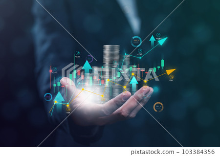 Stack of coins with graph chart growth up, Business marketing 103384356