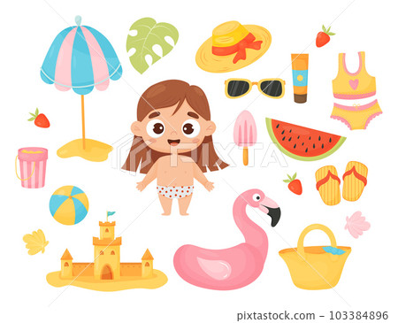 Summer time. Collection cute girl child on vacation with beach accessories and clothes, rubber flamingo, sunshade, sand castle and watermelon. Vector illustration in cartoon style. Isolated elements. Summer time. Collection cute girl child on vacation with beach accessories and clothes, rubber flamingo, sunshade, sand castle and watermelon. Vector illustration in cartoon style. Isolated elements. 103384896