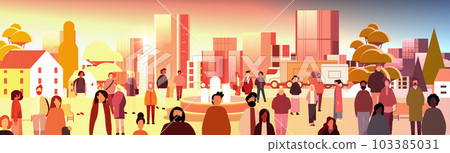 multiethnic people group walking outdoor mix race men women crowd spending time in urban park sunset 103385031