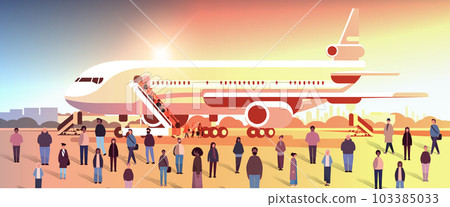 multiethnic people group standing near airplane mix race men women crowd at airport terminal 103385033