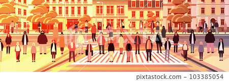 multiethnic people group walking outdoor mix race men women citizens crowd going along city street 103385054