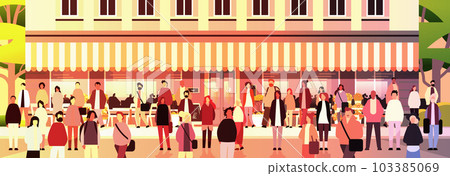 multiethnic people group walking outdoor mix race men women citizens crowd going along city street 103385069