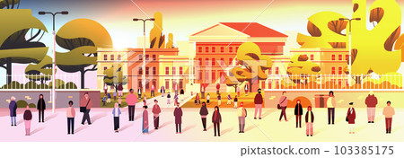 multiethnic people group walking outdoor mix race men women crowd spending time in urban park 103385175