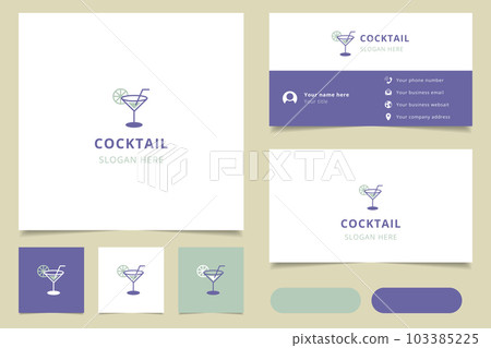 Cocktail logo design with editable slogan. Branding book and business card template. 103385225