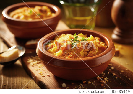 A bowl with migas on wooden table, a traditional dish in the spanish cuisine made with breadcrumbs. Ai generative 103385449