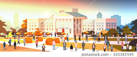 multiethnic people group standing near governmental building mix race men women crowd walking outdoor 103385595