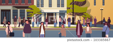 multiethnic people group walking outdoor mix race men women citizens crowd going along city street 103385667