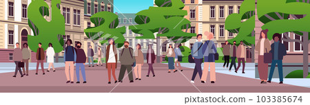 multiethnic people group walking outdoor mix race men women citizens crowd going along city street cityscape 103385674