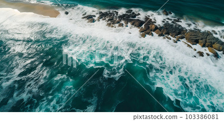 Areal view of ocean with white sand coast. AI generated. 103386081