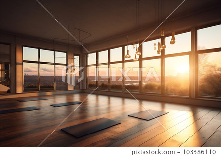 Serene and calming yoga room with bamboo floors, natural mats. Generative AI. 103386110
