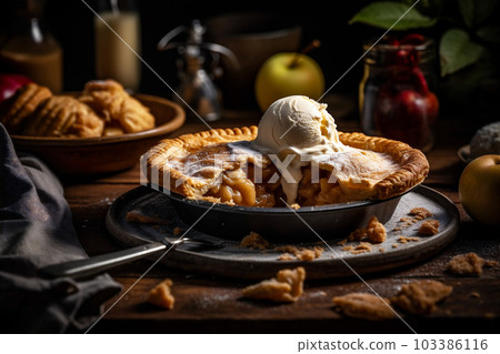 Warm apple pie with flaky buttery crust and scoop of ice cream. AI generated. 103386116
