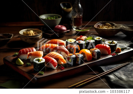 Sushi set served with traditional soy sauce, wasabi and pickled ginger. Japanese cuisine. AI generated Sushi set served with traditional soy sauce, wasabi and pickled ginger. Japanese cuisine. AI generated 103386117