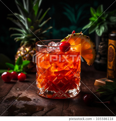 Tropical Mai Tai Cocktail Made With Light And Dark Rum, Fresh Pineapple Juice, Orange Juice, Lime Juice. AI generated Tropical Mai Tai Cocktail Made With Light And Dark Rum, Fresh Pineapple Juice, Orange Juice, Lime Juice. AI generated 103386118