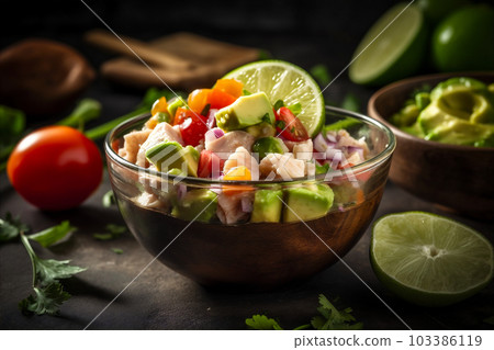 Zesty ceviche with chunks of marinated fish, citrus juices, herbs and spices and fresh diced vegetables. AI generated Zesty ceviche with chunks of marinated fish, citrus juices, herbs and spices and fresh diced vegetables. AI generated 103386119
