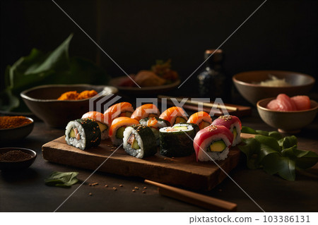 Japanese Sushi Set with Soy Sauce, Wasabi and Pickled Ginger Stock