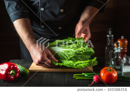 A professional chef makes a fresh napa cabbage salad. Preparation for slicing in the restaurant kitchen. Vegetable diet idea A professional chef makes a fresh napa cabbage salad. Preparation for slicing in the restaurant kitchen. Vegetable diet idea 103386358