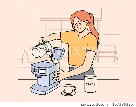 Smiling woman making coffee in machine  103386380