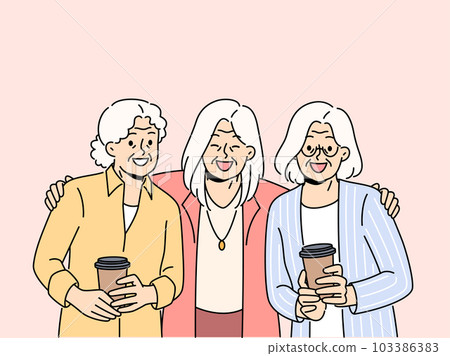 Smiling mature women hug showing unity  Smiling mature women hug showing unity  103386383