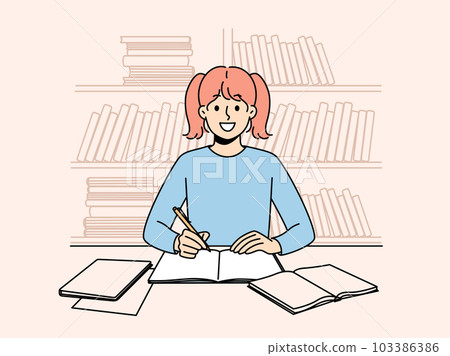 Smiling girl sit at desk for homework  103386386