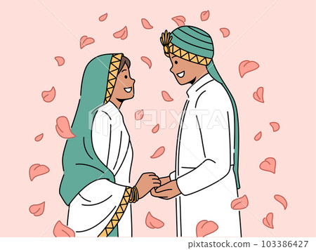 Smiling Arabic bride and groom wedding ceremony Smiling Arabic bride and groom wedding ceremony 103386427