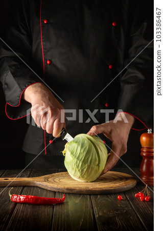 Chef cuts fresh cabbage with knife for salad on a kitchen table with fresh vegetables. Cooking and restaurant or hotel concept. Vegetarian cuisine. Chef cuts fresh cabbage with knife for salad on a kitchen table with fresh vegetables. Cooking and restaurant or hotel concept. Vegetarian cuisine. 103386467