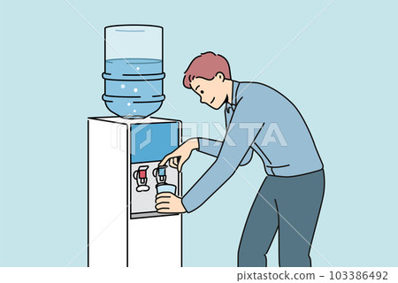 Man pouring water from cooler in office  Man pouring water from cooler in office  103386492