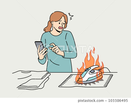 Distracted woman use cellphone burn clothes with iron Distracted woman use cellphone burn clothes with iron 103386495