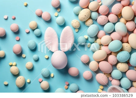 Banner. Blue and white easter eggs on a white isolated background. Geometry. Minimal concept. View from above. Card with copy space for text. Generative AI. 103386529