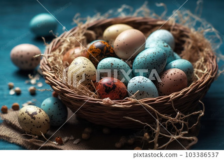 Banner. Blue and white easter eggs on a white isolated background. Geometry. Minimal concept. View from above. Card with copy space for text. Generative AI. Banner. Blue and white easter eggs on a white isolated background. Geometry. Minimal concept. View from above. Card with copy space for text. Generative AI. 103386537