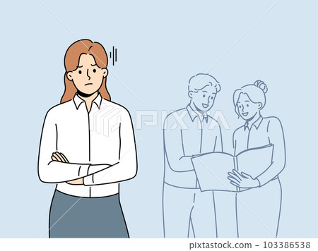 Mad female employee angry at colleagues talk in background  103386538