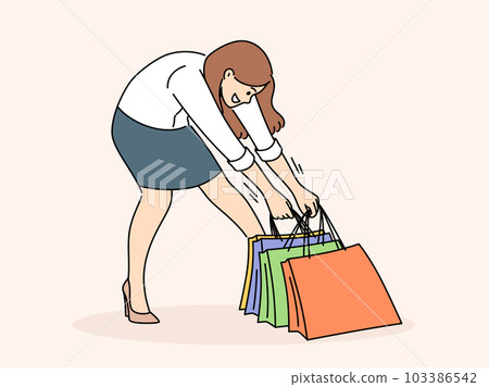 Smiling woman taking heavy shopping bags Smiling woman taking heavy shopping bags 103386542
