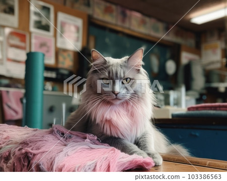 A cute grey maine coon cat is resting. Generative AI. 103386563