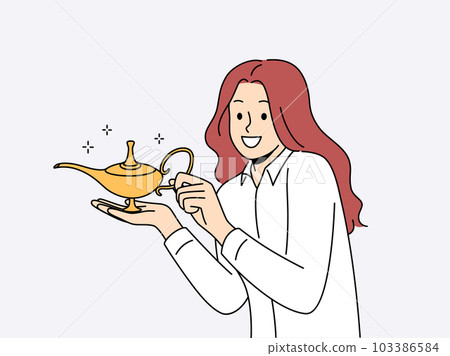 Smiling woman holding golden Aladdin lamp  103386584