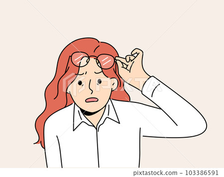 Amazed woman take off glasses shocked with unbelievable news Amazed woman take off glasses shocked with unbelievable news 103386591