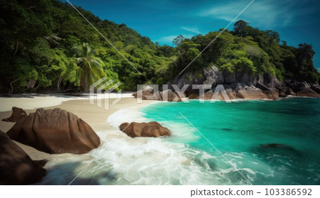 Beautiful beach. View of nice tropical beach with palms around. Holiday and vacation concept. Tropical beach. Generative AI. Beautiful beach. View of nice tropical beach with palms around. Holiday and vacation concept. Tropical beach. Generative AI. 103386592