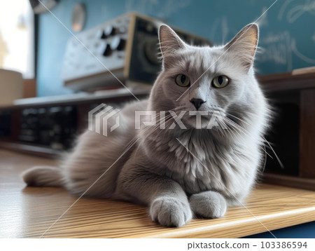 A cute grey maine coon cat is resting. Generative AI. A cute grey maine coon cat is resting. Generative AI. 103386594