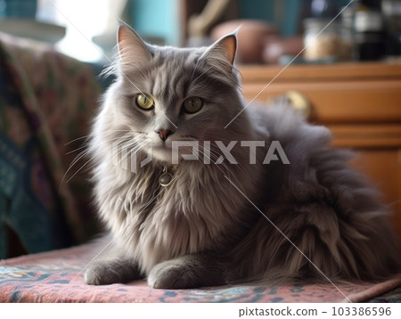 A cute grey maine coon cat is resting. Generative AI. 103386596