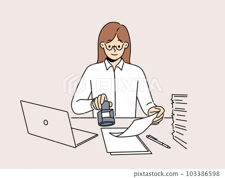 Smiling businesswoman stamp documents in office Smiling businesswoman stamp documents in office 103386598