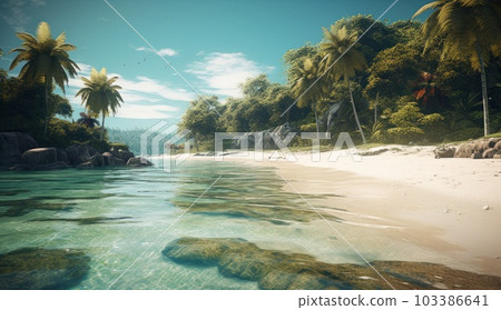 Beautiful beach. View of nice tropical beach with palms around. Holiday and vacation concept. Tropical beach. Generative AI. 103386641