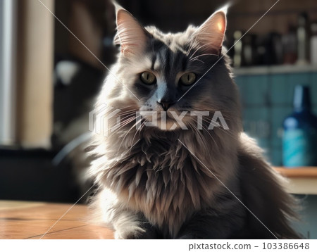 A cute grey maine coon cat is resting. Generative AI. 103386648