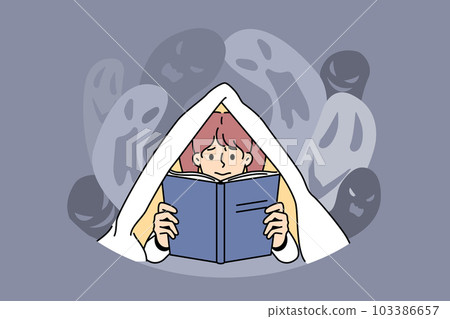 Scared girl terrified reading scary book Scared girl terrified reading scary book 103386657