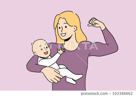 Smiling strong mother holding baby in hands  103386662
