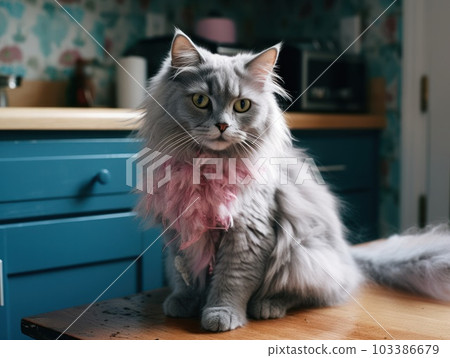 A cute grey maine coon cat is resting. Generative AI. 103386679