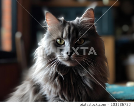 A cute grey maine coon cat is resting. Generative AI. A cute grey maine coon cat is resting. Generative AI. 103386723
