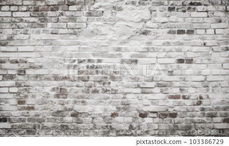 White Rustic Texture. Retro Whitewashed Old Brick Wall Surface. Vintage Structure. Grungy Shabby Uneven Painted Plaster. Whiten Facade Background. Design Element. Abstract Light White. Generative AI. 103386729