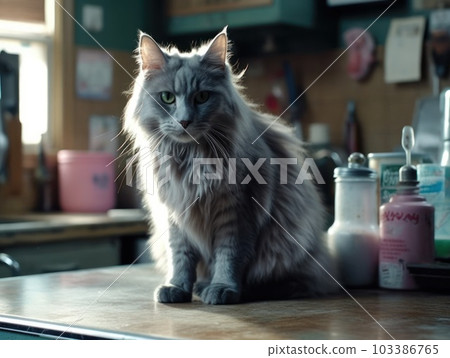 A cute grey maine coon cat is resting. Generative AI. 103386765