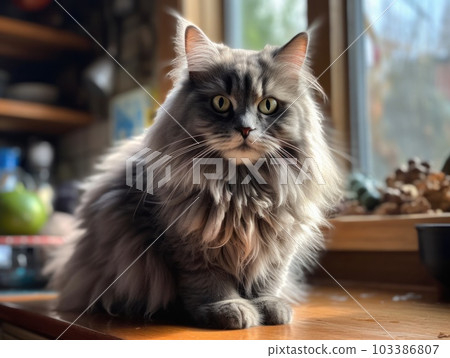 A cute grey maine coon cat is resting. Generative AI. A cute grey maine coon cat is resting. Generative AI. 103386807