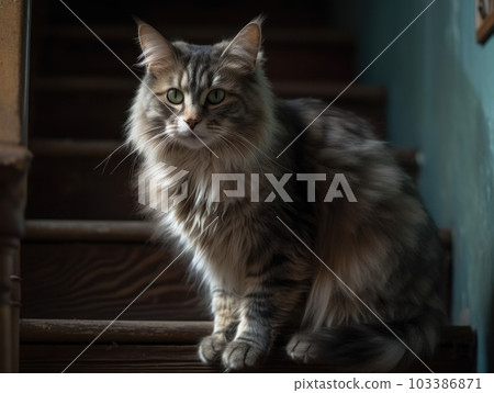 A cute grey maine coon cat is resting. Generative AI. A cute grey maine coon cat is resting. Generative AI. 103386871